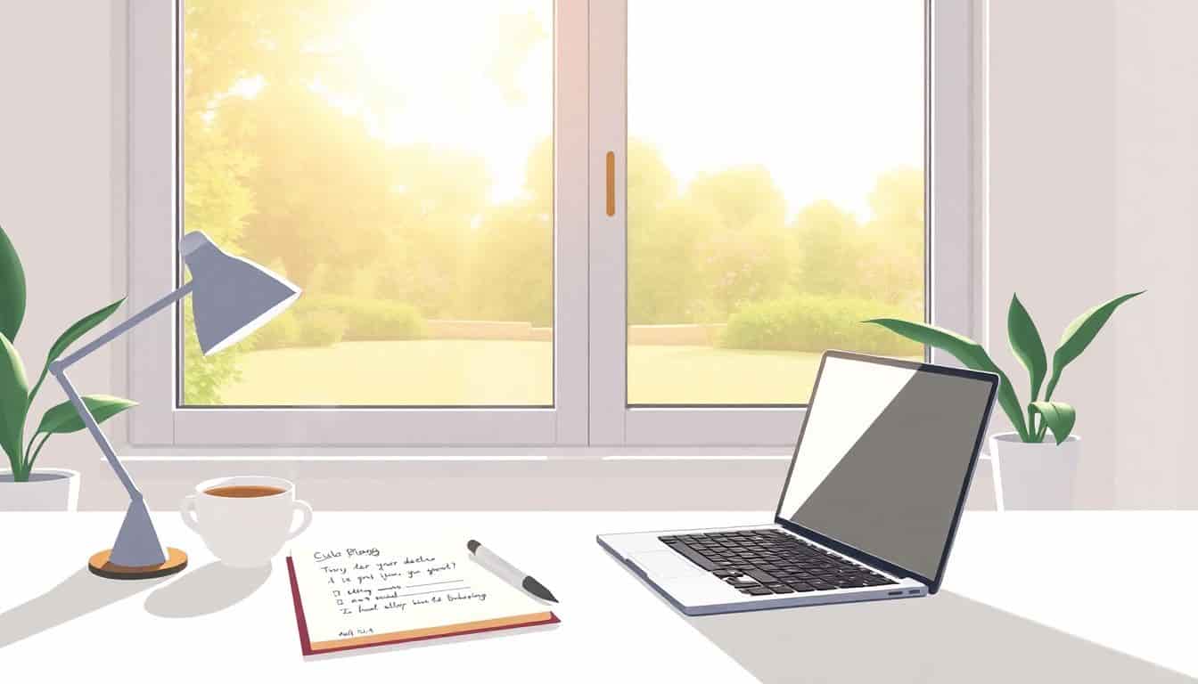 Minimalist workspace with a stylish desk, open laptop, steaming coffee cup, and a notepad with a guest blogging plan, featuring a large window showing a peaceful garden scene illuminated by soft sunlight.
