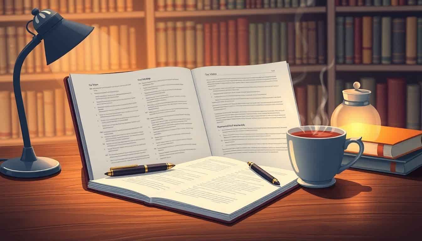 Workspace illustration with an open notebook, elegant pens, and a steaming cup of tea or coffee, bathed in soft light, with bookshelves in the background.