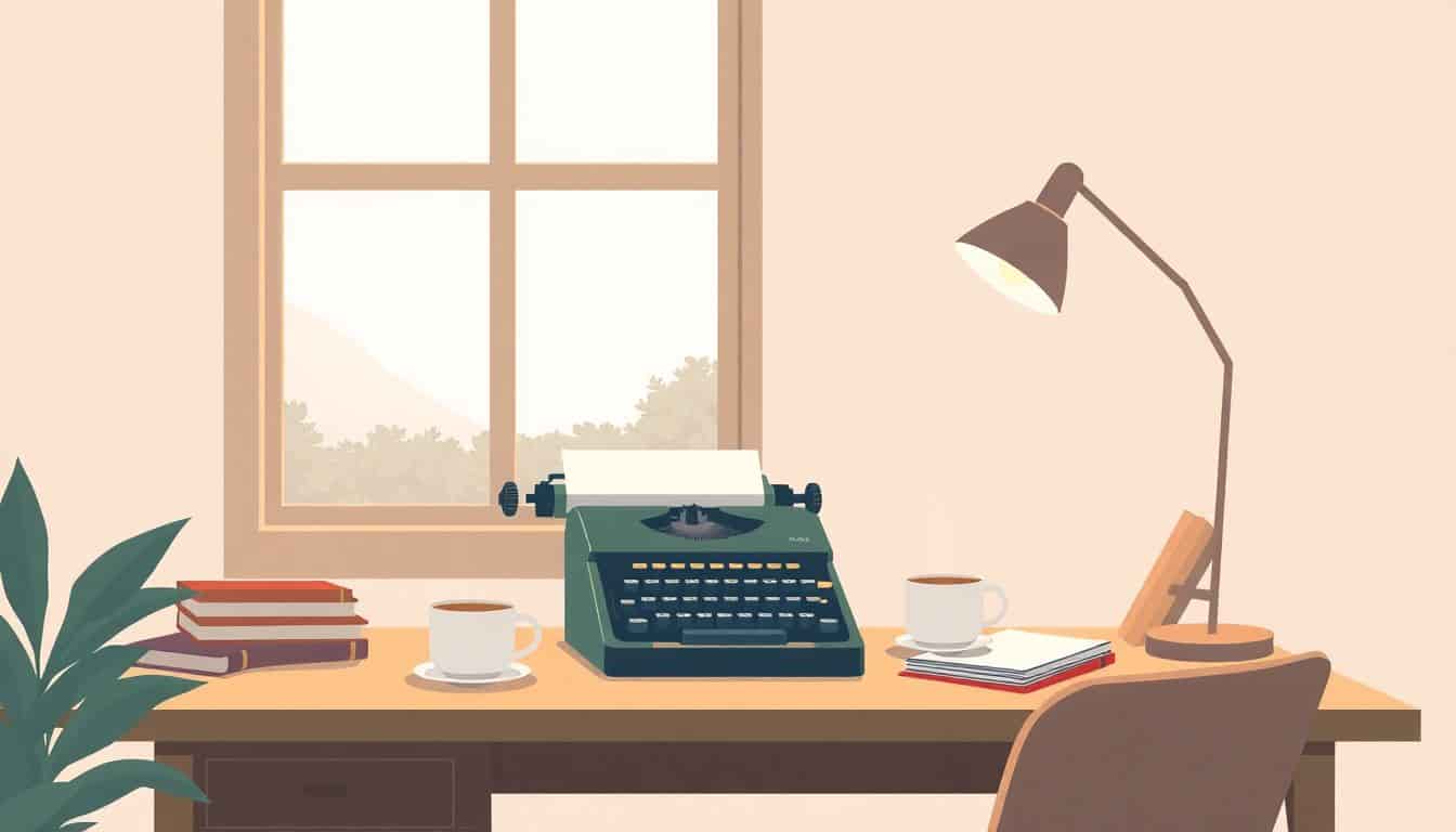 Minimalist illustration of a serene workspace featuring a cozy desk with a vintage typewriter, a steaming cup of coffee, and a softly glowing lamp, with a nature view through a window in the background.