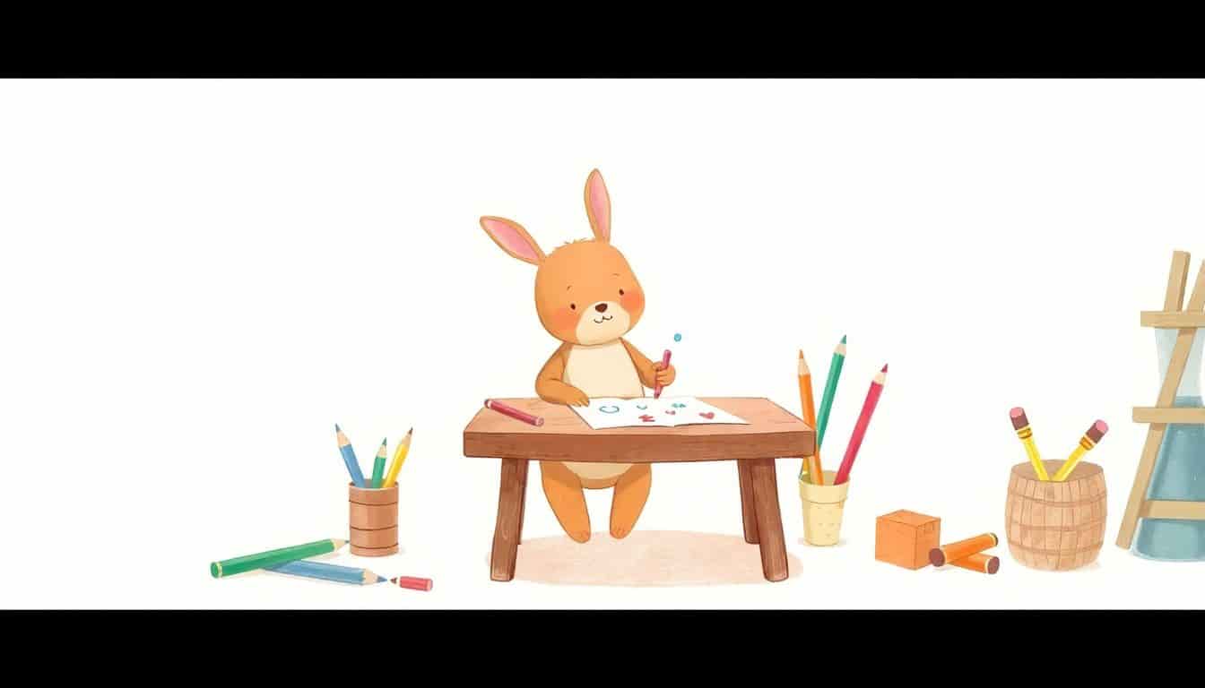 A friendly rabbit sitting at a small wooden table surrounded by colored pencils and paper, joyfully doodling simple shapes in a soft pastel-colored background.