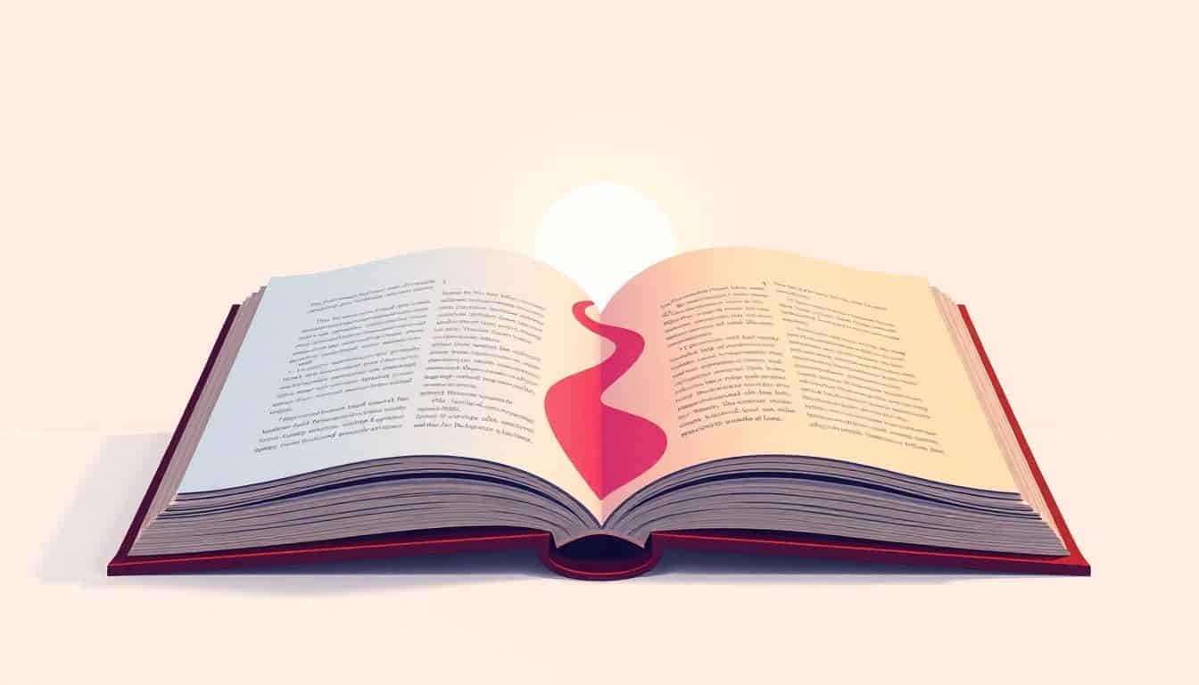 An open book with vibrant pages displaying visual metaphors of storytelling, including a winding path and abstract goal icons, set against a soft pastel background.