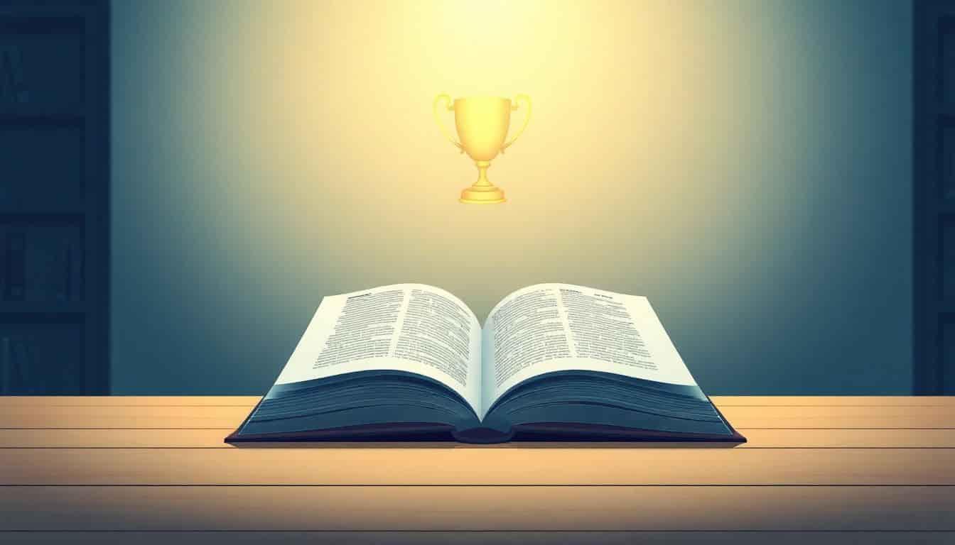 An open book on a wooden table with a soft glow, a trophy on a shelf in the background, creating a serene atmosphere of achievement.