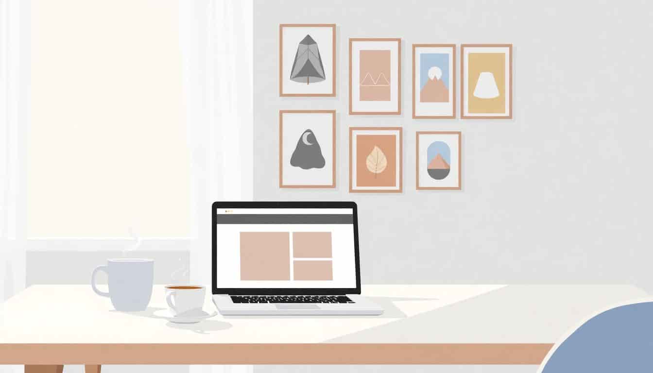 A modern workspace with a simple desk, an open laptop displaying a print-on-demand website, a steaming cup of coffee, and a wall of framed art prints in diverse styles, illuminated by soft natural light from a window.