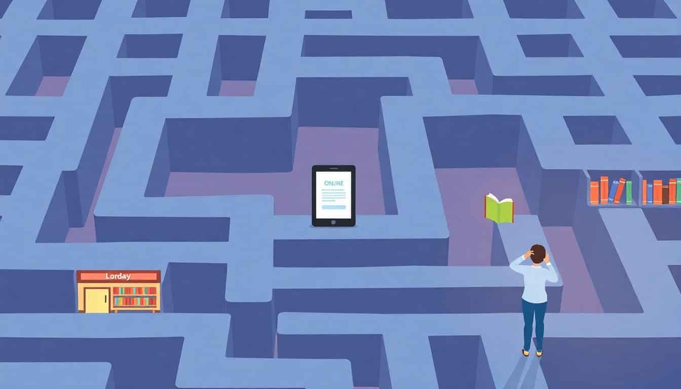 Illustration of a simplified maze with paths leading to a cozy bookstore, a digital tablet for online platforms, and a friendly library, featuring soft colors and whimsical details like books and a thoughtful figure observing the paths.
