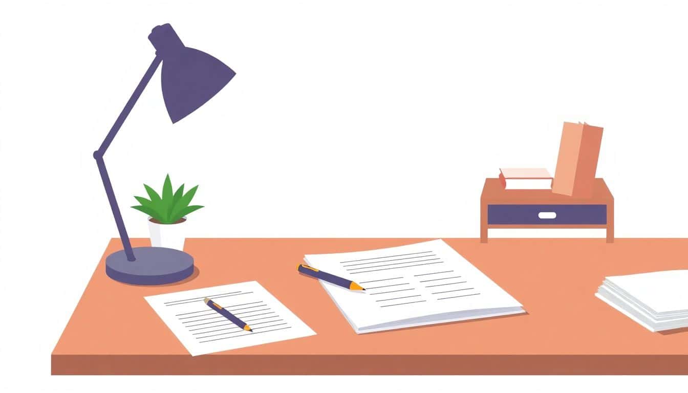 A minimalist workspace with a neatly organized desk holding an open legal document and a pen, softly illuminated by a desk lamp, alongside a potted plant and a simple bookshelf in the background, all in a soft and inviting color palette.