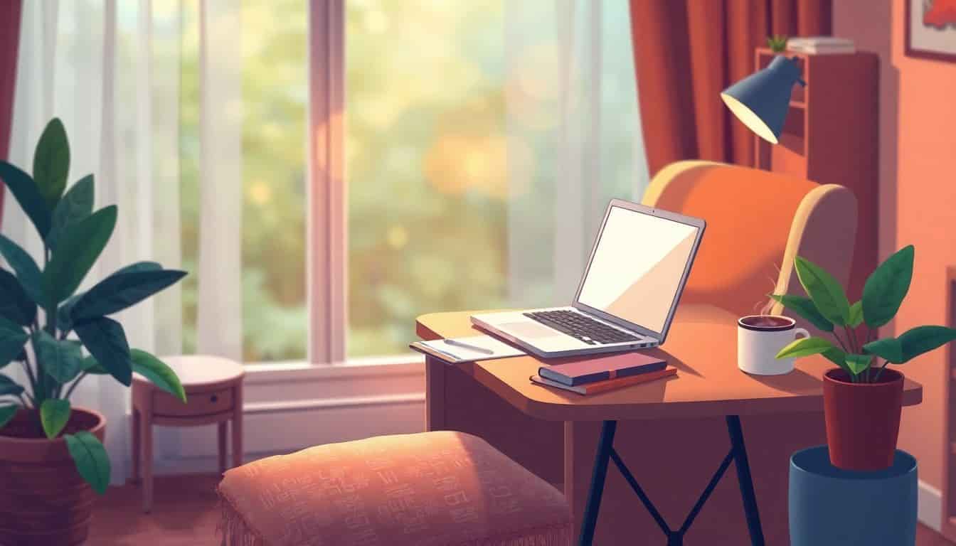 Cozy writing space with a comfortable chair, small desk, open laptop, steaming cup of coffee, notepad, and a plant, all surrounded by warm lighting and a softly blurred background.