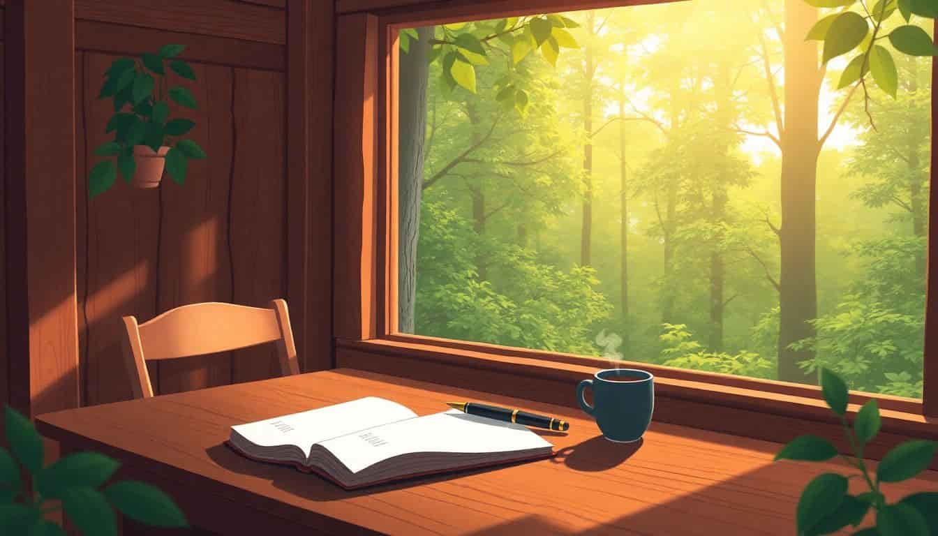 Illustration of a cozy cabin interior with a wooden desk, an open notebook and fountain pen, a steaming cup of tea, and a view of a lush forest outside the window, bathed in soft sunlight.