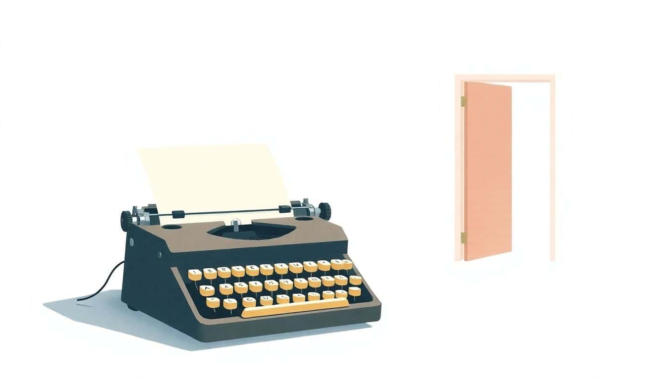 A vintage typewriter with a blank page surrounded by soft, abstract shapes symbolizing open doors and pathways, set against a muted color palette of gentle blues and warm earth tones.