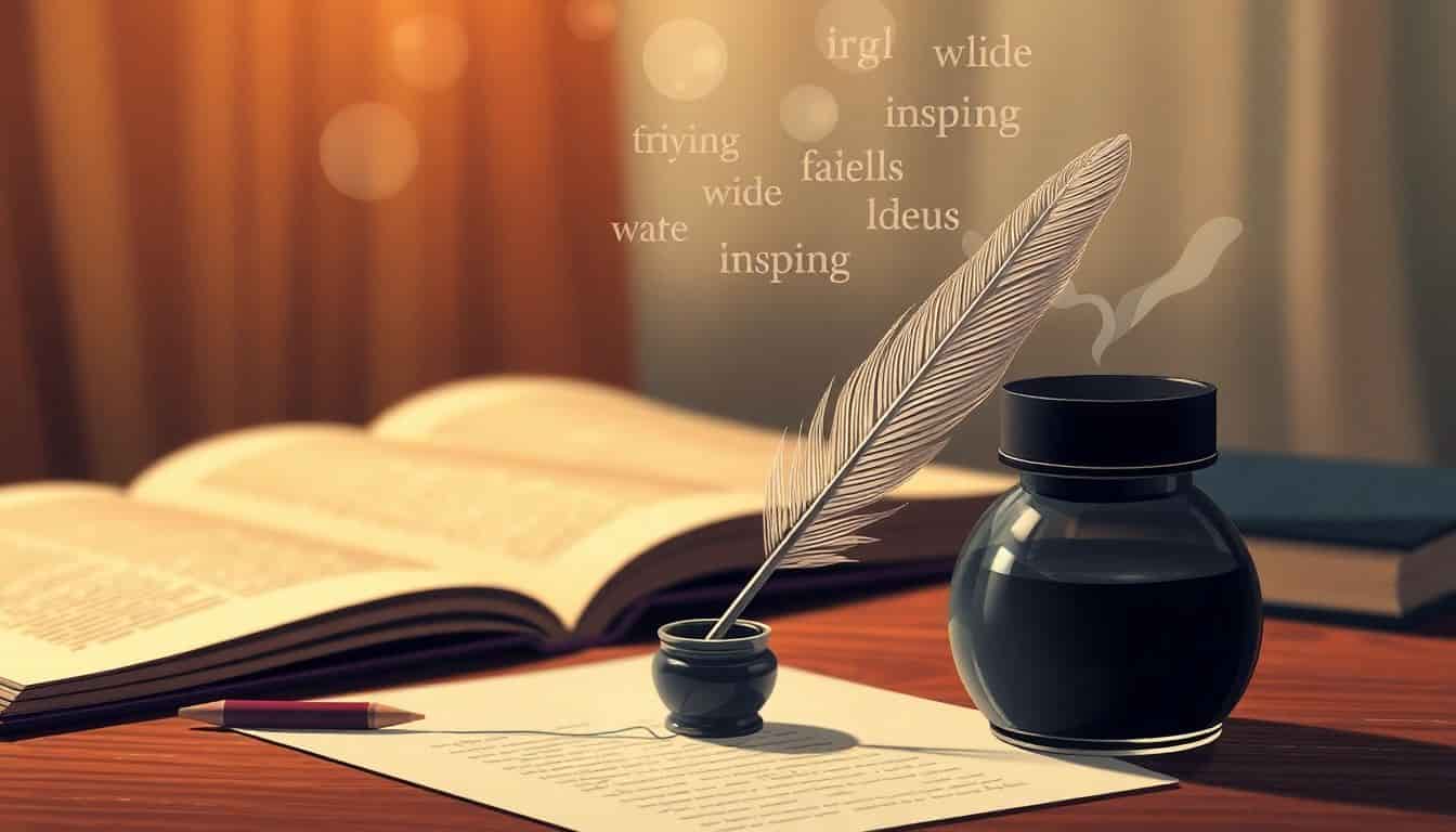 A serene workspace featuring a quill and inkpot on a neatly arranged desk, with softly blurred pages of a book in the background and inspiring words floating like wisps of smoke, all in a warm color palette.