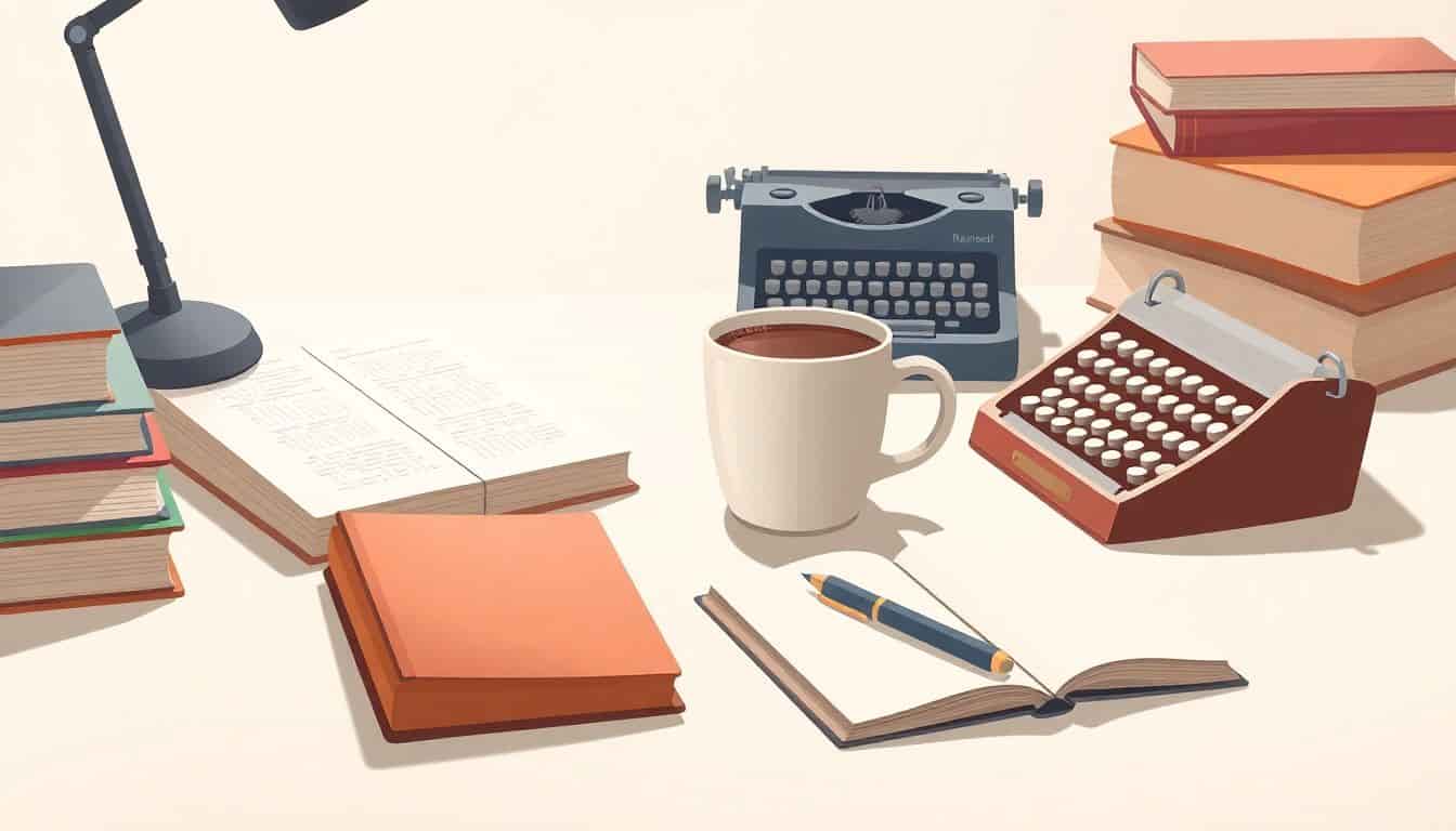 Illustration of a serene desk scene featuring a beautifully crafted coffee cup at the center, surrounded by a stacked pile of books, a vintage typewriter, and an open notebook with a pen, all set against a soft, minimalistic background with calming lighting.