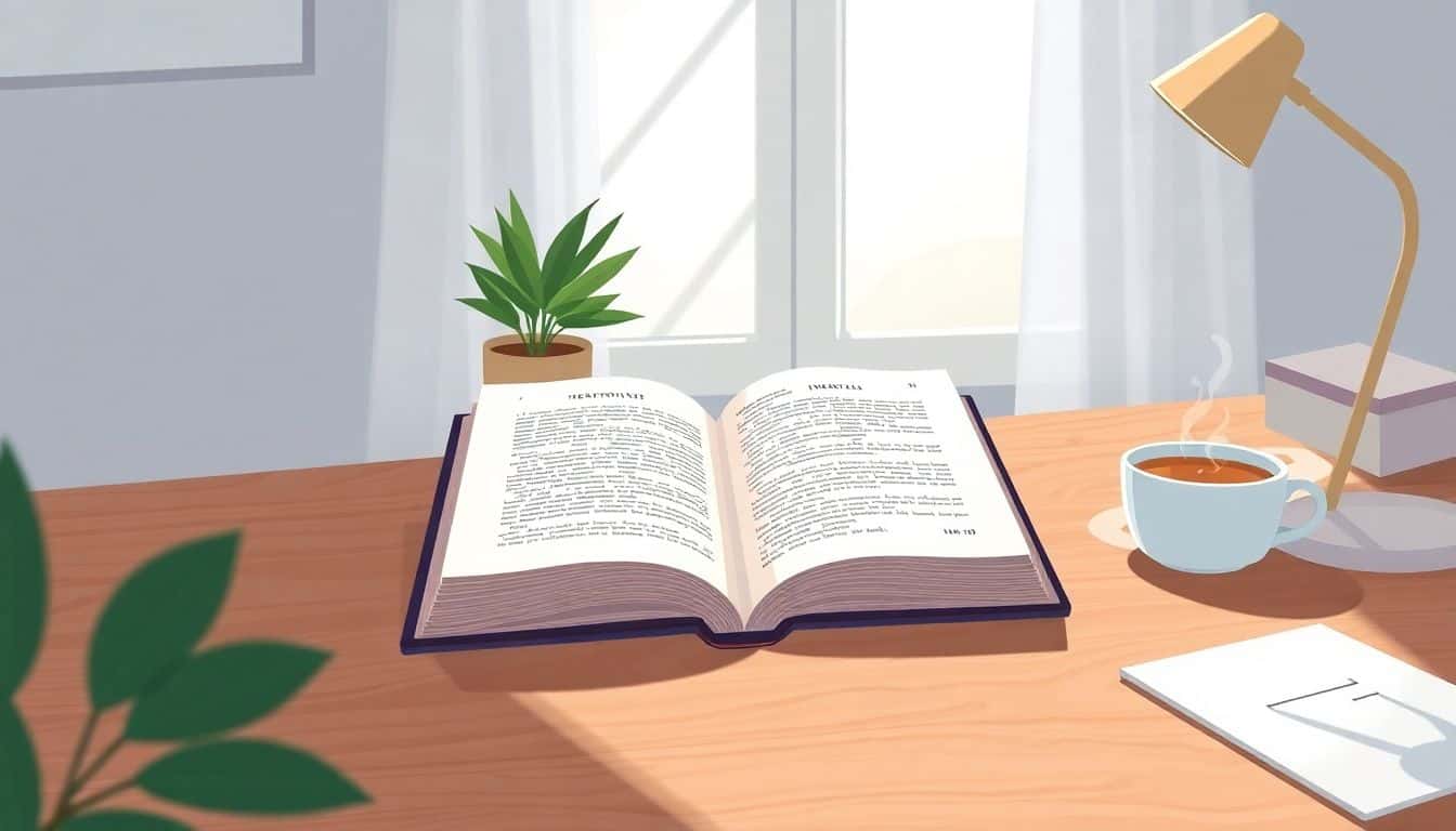 Elegant workspace with an open book on a wooden desk, soft light from a window, a potted plant, and a steaming cup of tea, creating a calm and inviting atmosphere.