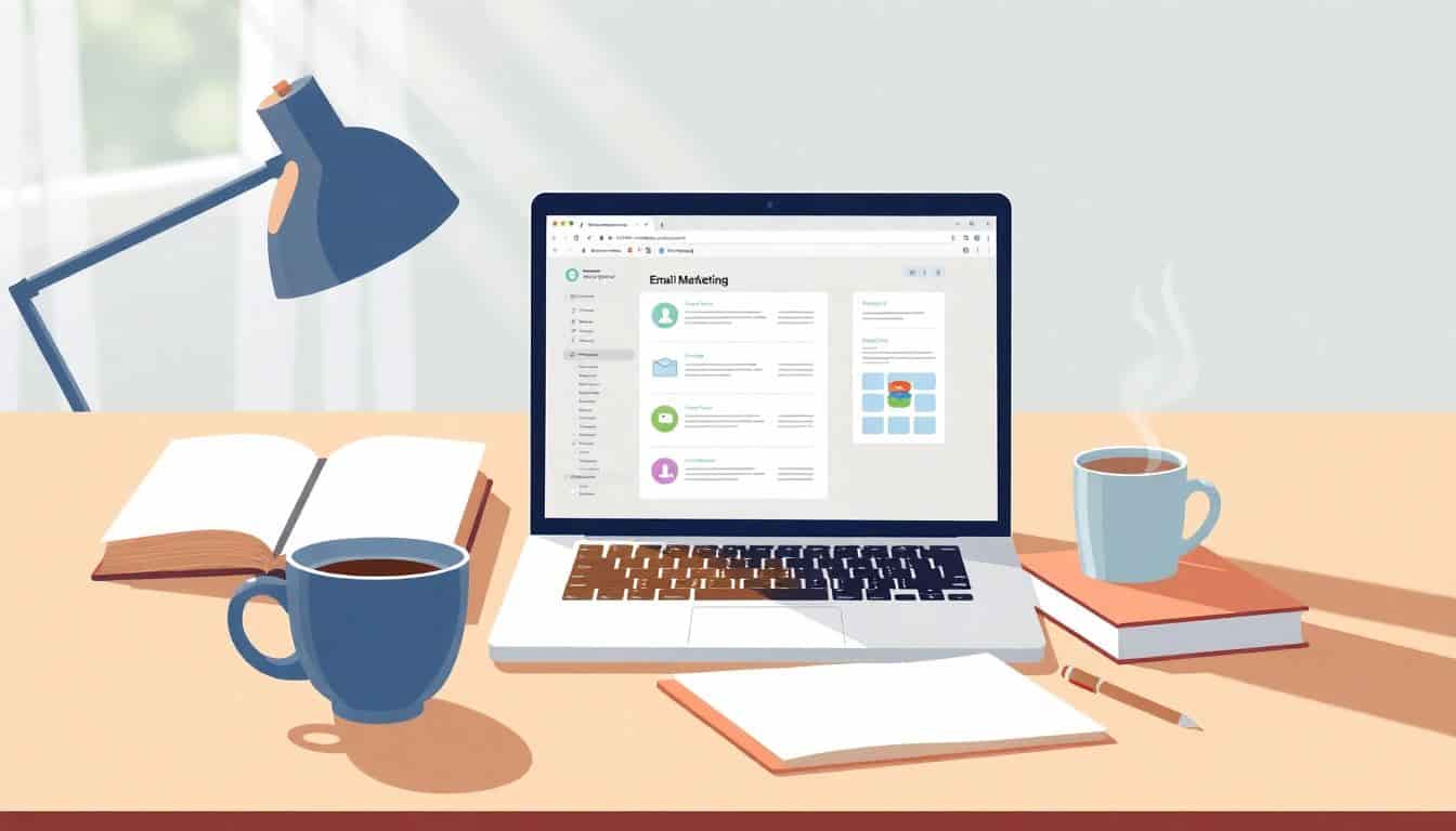 Minimalist illustration of a serene writing desk with an open laptop showing an email marketing interface, surrounded by organized notebooks and a steaming cup of coffee, with a softly blurred background and light streaming in from a window.