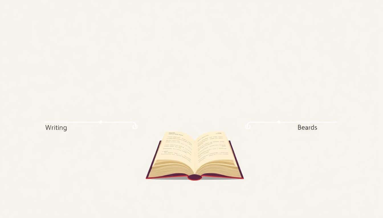 Illustration of an open book at the center, surrounded by a timeline with steps labeled "Writing," "Editing," "Formatting," "Promotions," and "Sales," set against a simple, calming background in soft colors.