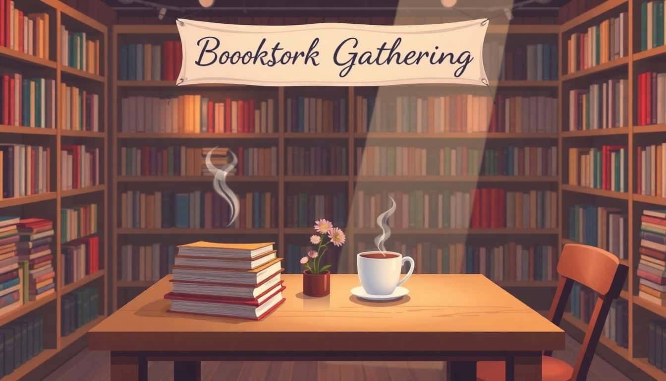Cozy bookstore event setup featuring a wooden table with stacked books, a steaming cup of coffee, and a small bouquet of flowers, surrounded by bookshelves and soft ambient lighting. A banner above the table reads 'Bookstore Gathering' in elegant font.