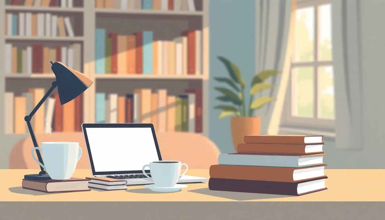 Cozy workspace with an organized desk featuring an open laptop on a publishing platform, a steaming cup of coffee, stacked book covers, a soft bookshelf filled with books, and warm light from a nearby window.