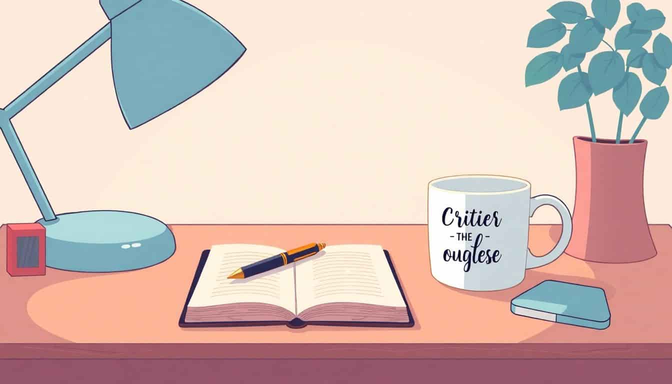 A cozy writer's desk featuring a notebook, stylish pen, and a mug with an inspirational quote, set in a warm and inviting background.