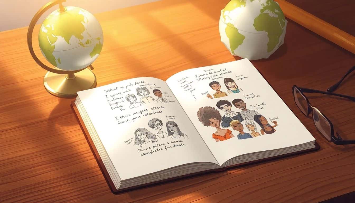 Open notebook on a wooden desk with handwritten notes and sketches of diverse characters, surrounded by warm light, with a small globe and reading glasses in the background.