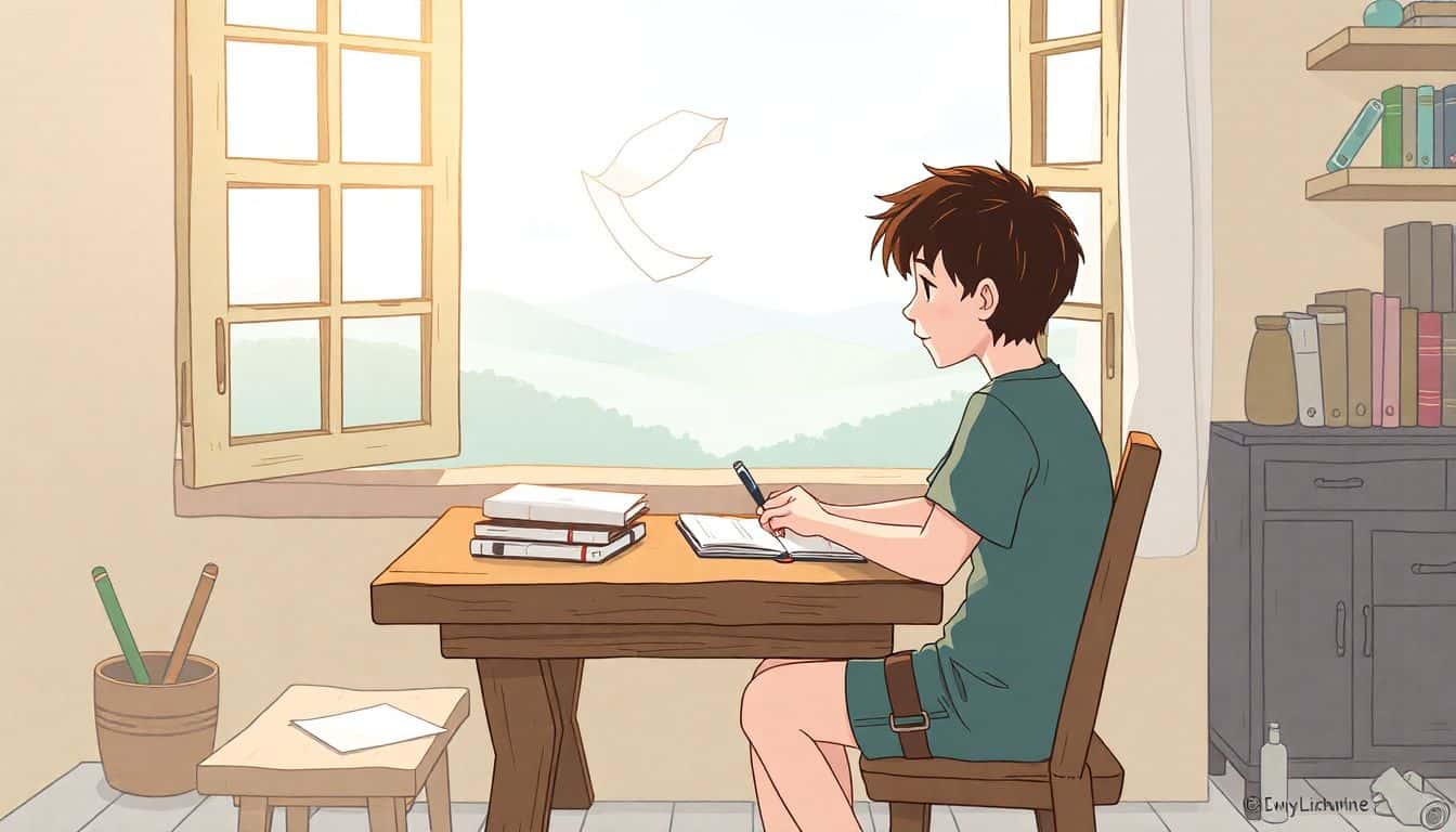 A young writer sits at a rustic wooden desk by a window, surrounded by soft natural light. The desk is cluttered with scattered notebooks and a pen. An open window lets in a gentle breeze, making a piece of paper flutter, while a tranquil landscape is visible in the background.