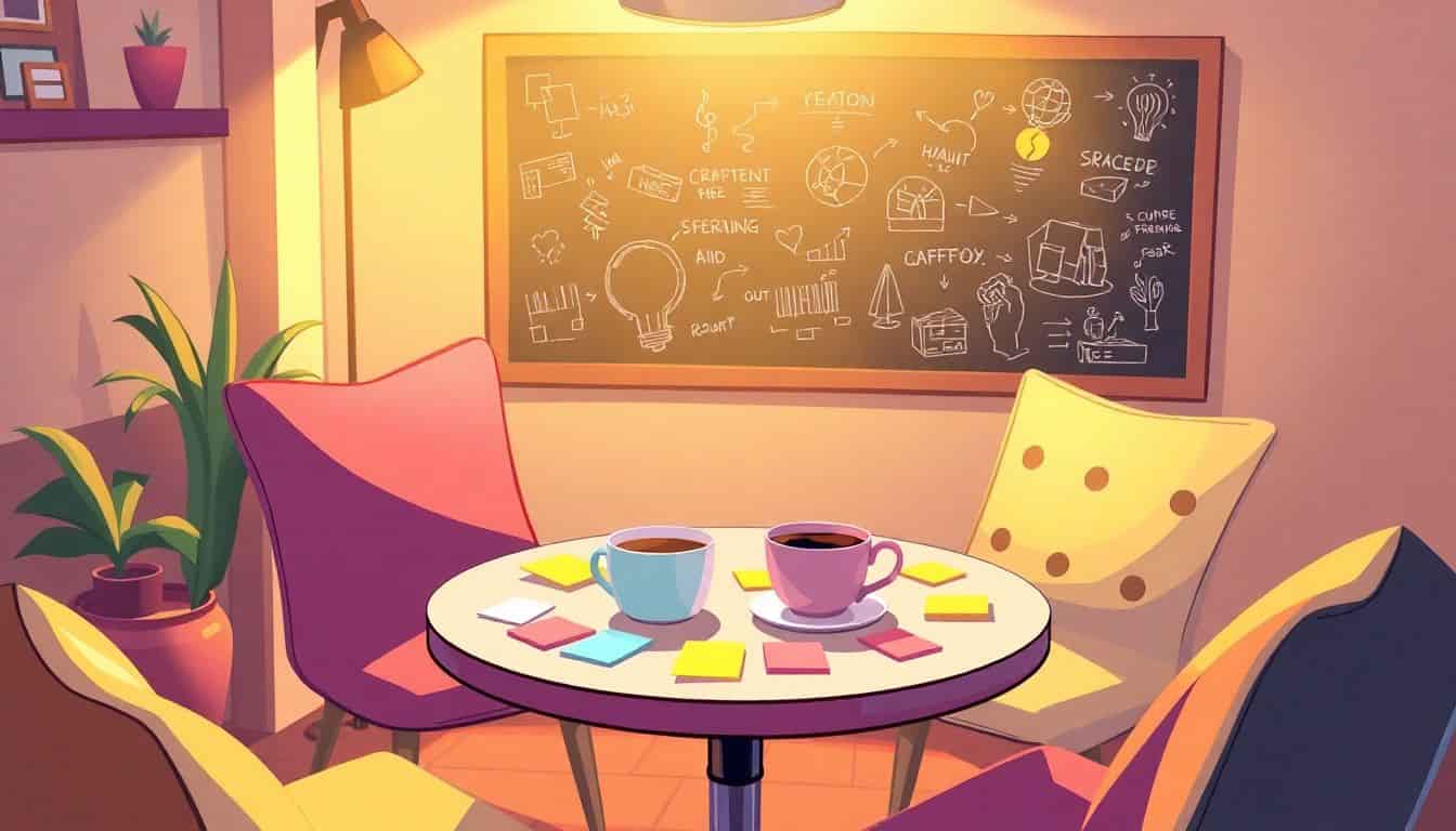 A cozy brainstorming session at a round table with a steaming cup of coffee and colorful sticky notes, illuminated by soft warm lighting, with a minimalistic chalkboard in the background displaying sketches and ideas.