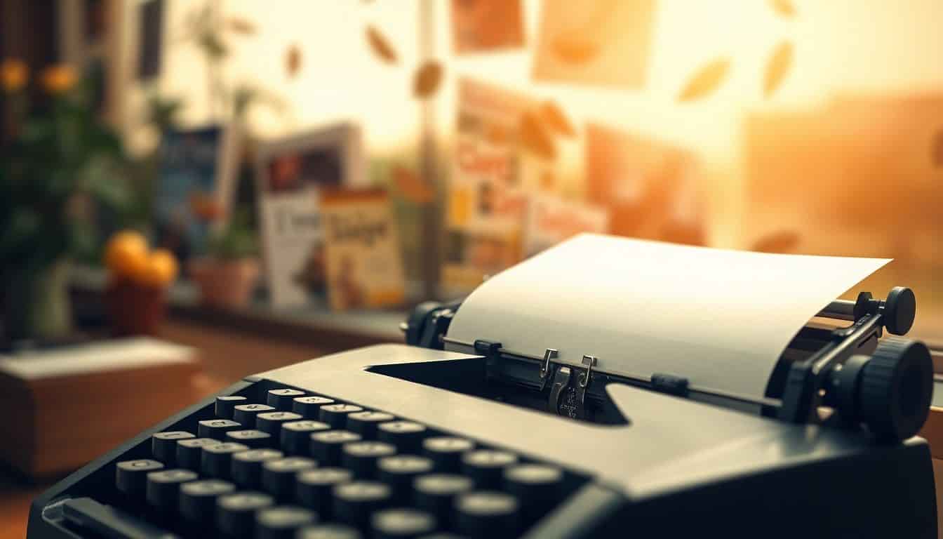 A vintage typewriter with a blank sheet of paper in the foreground, surrounded by softly blurred literary magazine covers fluttering in the background, all in a warm color palette with soft lighting.
