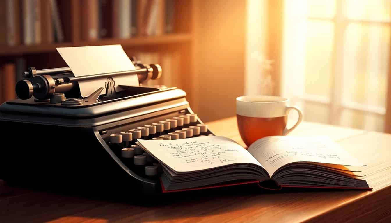 A vintage typewriter, an open notebook with handwritten notes, and a steaming cup of tea on a desk, illuminated by warm light, with a softly blurred background of books on a shelf.