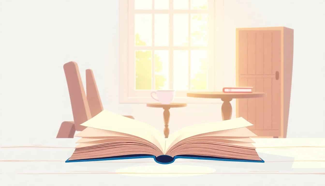 Cozy reading nook with an open book, fluttering pages, a cup of tea on a table, and scattered bookmarks, illuminated by soft natural light from a window.