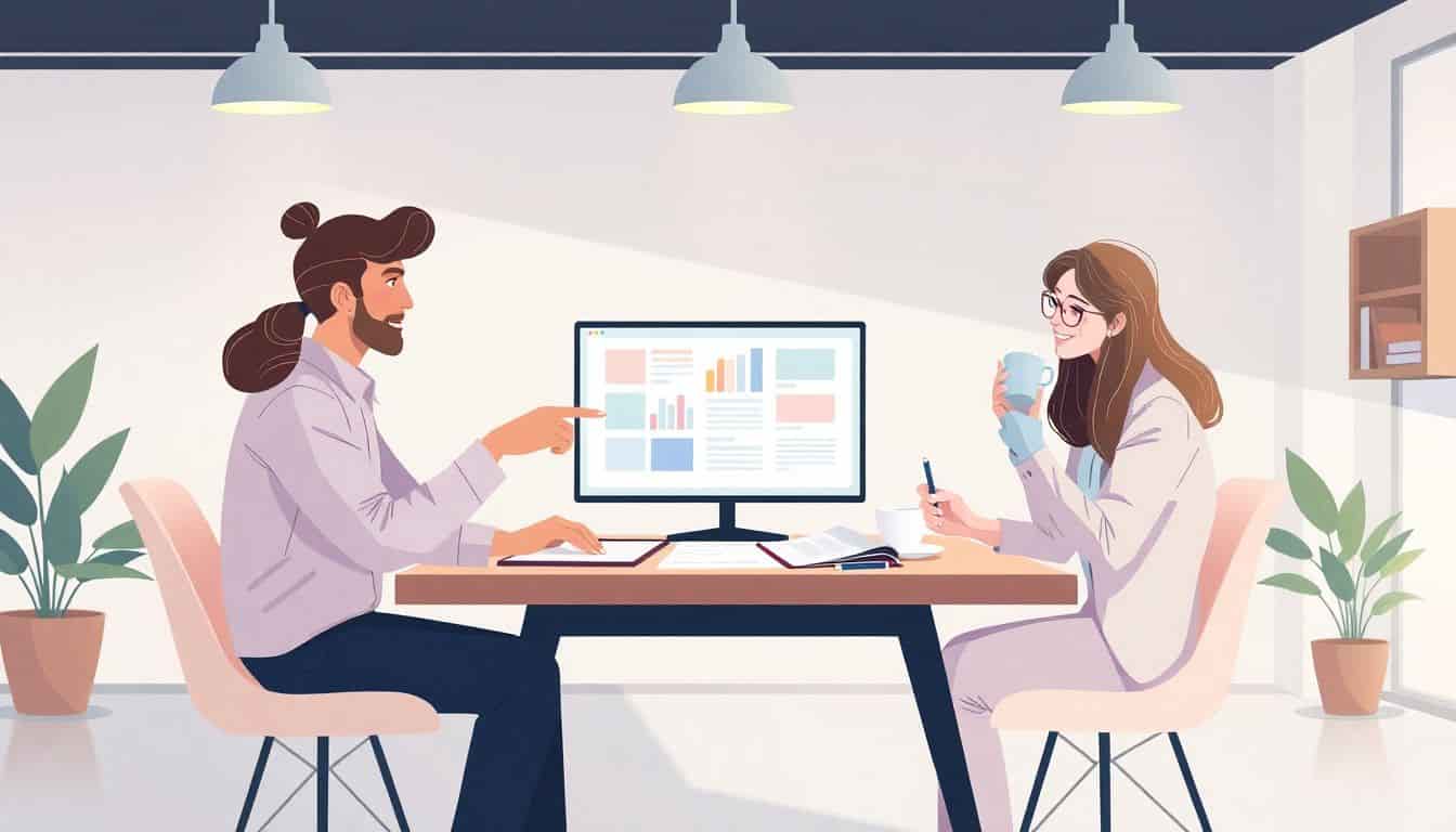 A diverse team of three people collaborating over a large document in a bright, minimalistic workspace, with one pointing at a colorful screen, another taking notes, and a third smiling while sipping coffee. Soft pastel colors and potted plants enhance the cozy atmosphere.