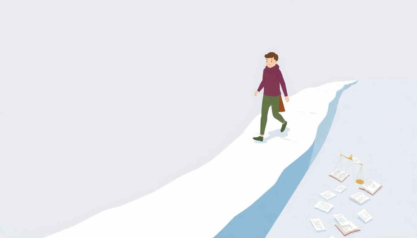 A person walking cautiously on a narrow, icy path, avoiding pitfalls symbolized by icons of an open book, a tipped scale, and scattered papers, set against a serene and minimalistic background in soft colors.