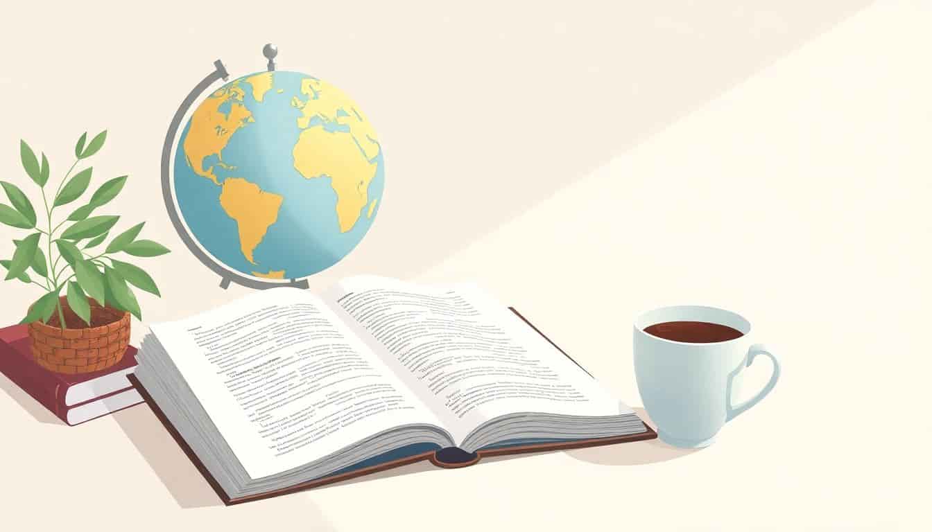 A serene desk with an open book, a globe, and a cup of coffee, set against a minimalistic background in soft colors, representing the journey of selling foreign book rights.