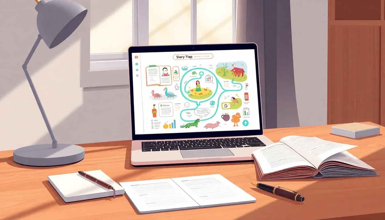 Minimalist desk with an open laptop displaying a colorful story map, surrounded by a stylish notebook and fountain pen, illuminated by soft natural light from a window.