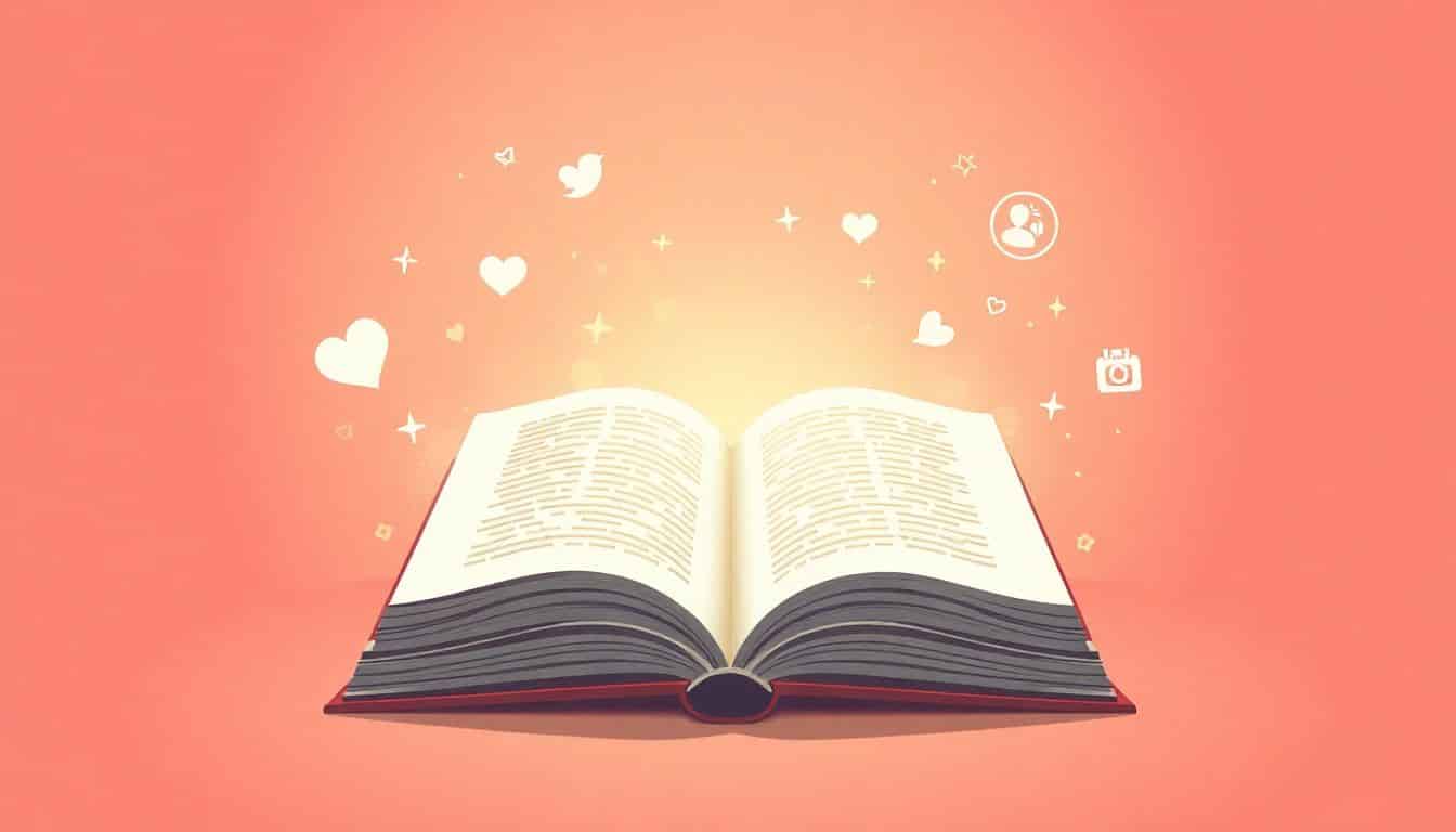 An open book with a soft glow, surrounded by ethereal symbols of social media and audience connection like speech bubbles, hearts, and stars, set against a warm, inviting background.