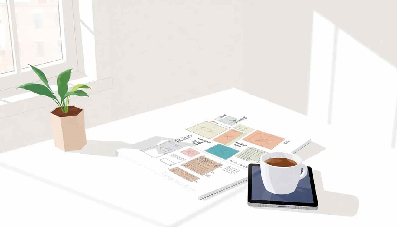Minimalist workspace with an open sketchpad displaying colorful storyboarding sketches, a warm cup of coffee, and a digital tablet, illuminated by soft natural light from a window.