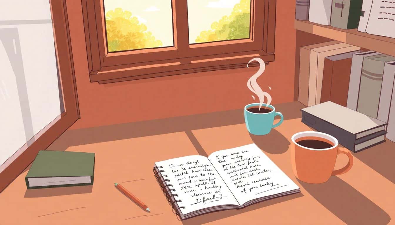 A cozy writing nook featuring a desk with a notebook filled with notes and a steaming cup of coffee, illuminated by sunlight coming through a window on a sunny day.