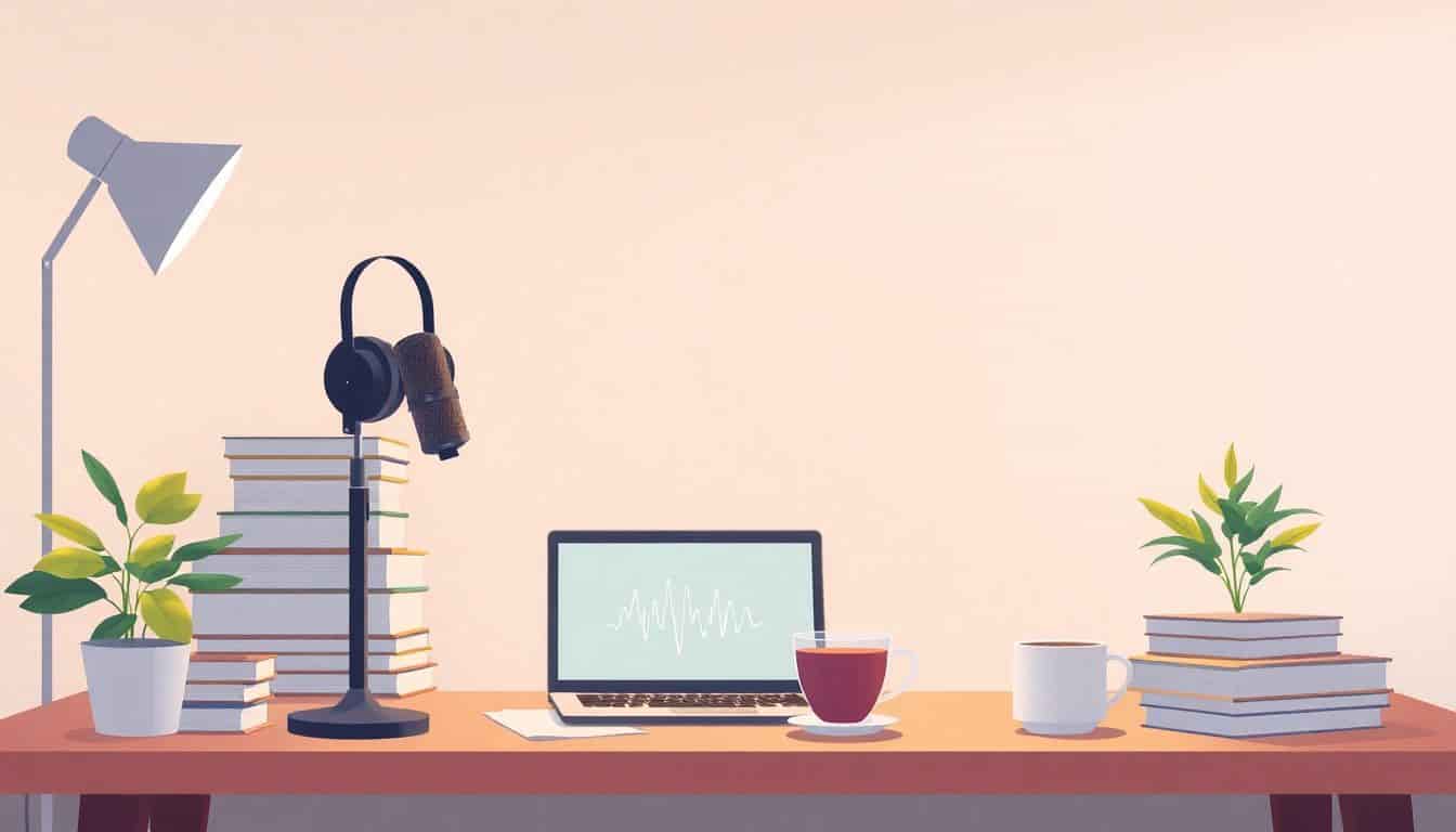 Illustration of a cozy workspace for an audiobook creator, featuring a desk with a microphone, headphones, a stack of books, a laptop showing a soundwave graph, warm lighting, a plant in the corner, and a cup of tea. Minimalist design emphasizing creativity and simplicity.