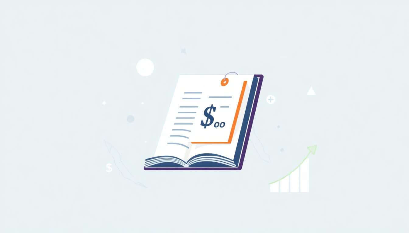 Minimalist digital book with a price tag, surrounded by a small upward trend graph and dollar signs, all in soft blues and greens.