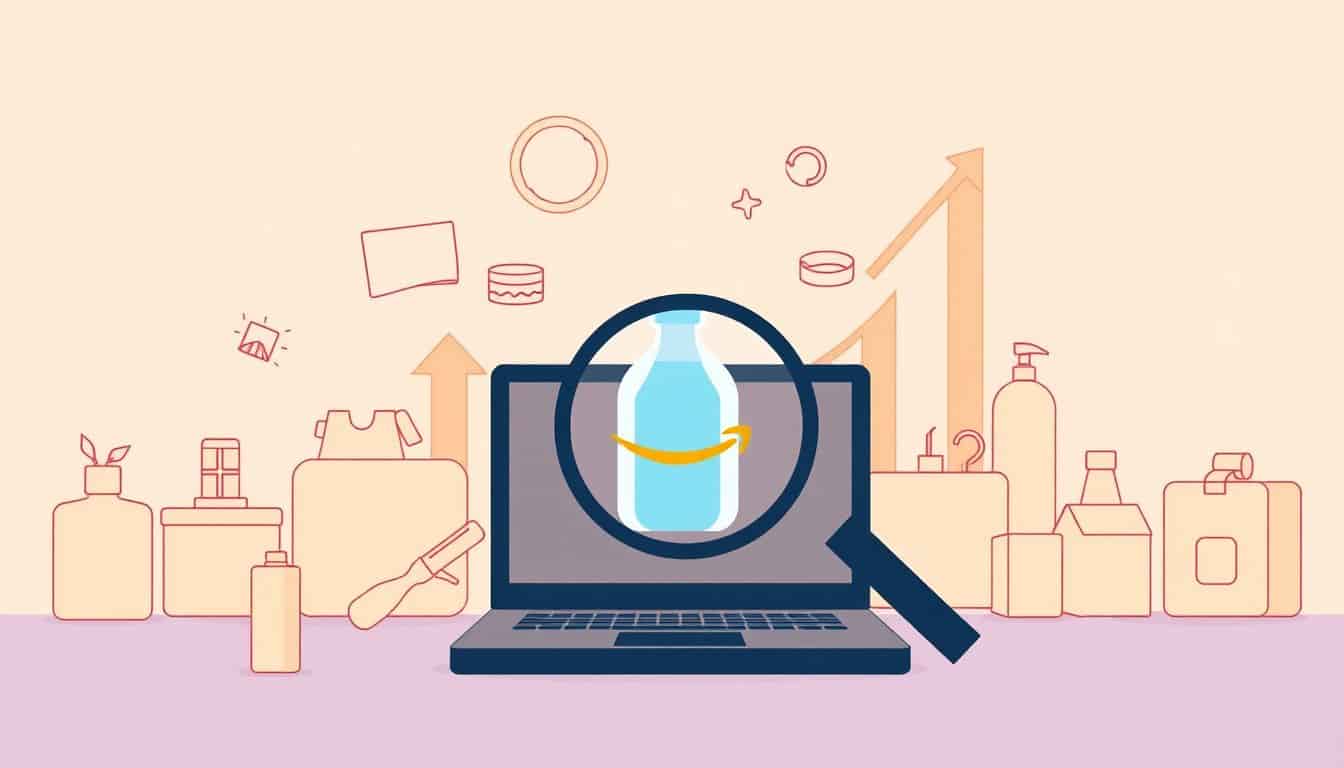 Illustration of a standout product centered among faint outlines of various generic products, featuring a magnifying glass and upward arrows, all designed in a minimalistic style with a calming color palette.