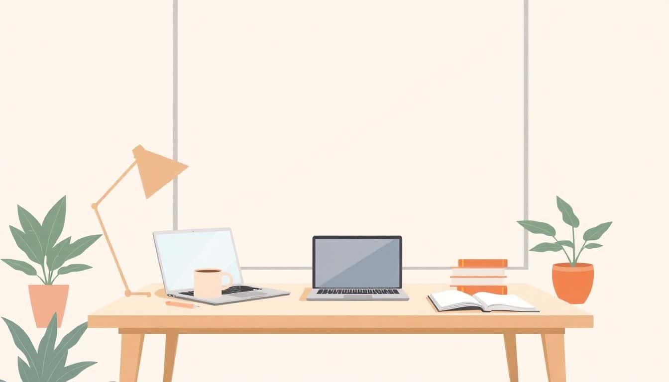 A minimalistic workspace with a neatly arranged desk featuring a laptop, a coffee cup, and a small stack of books, illuminated by soft natural light from a large window, creating a calm and inviting atmosphere.