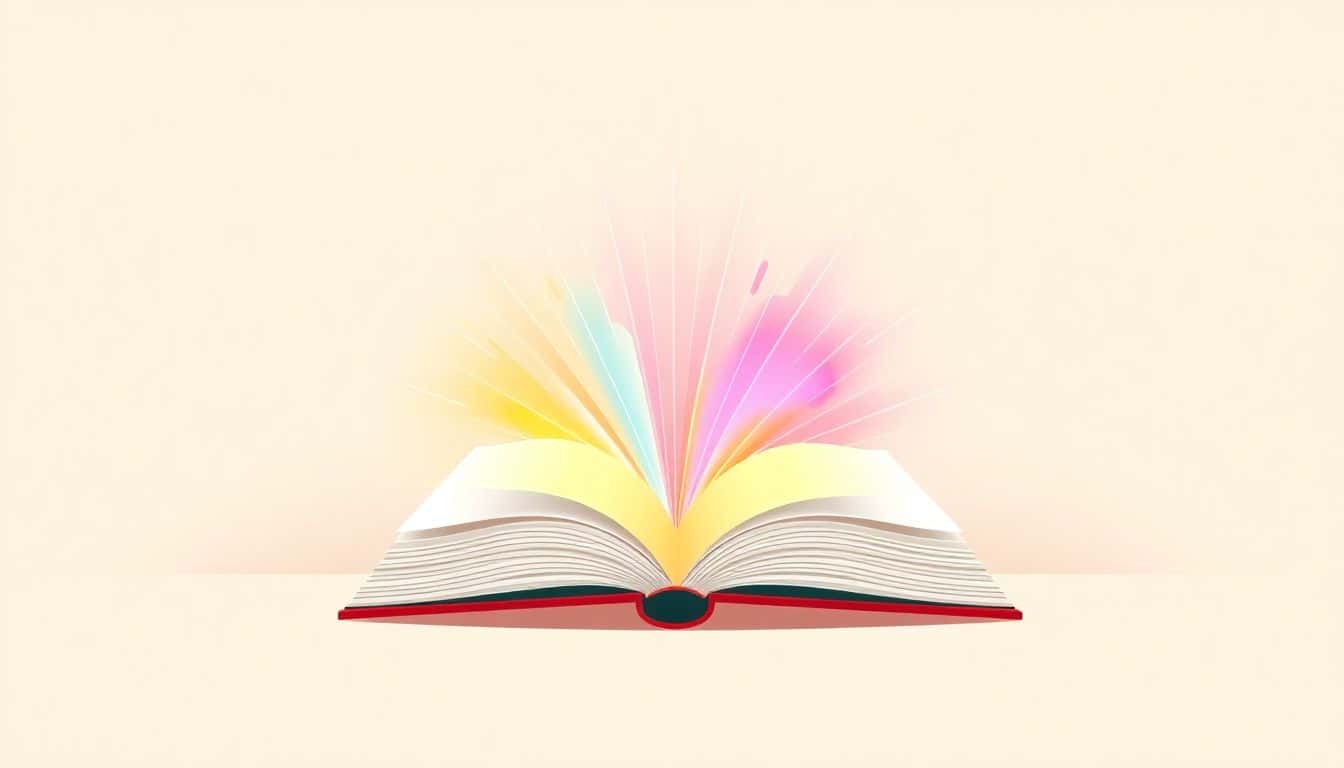 Minimalist illustration of an open eBook with vibrant colors radiating from its pages against a soft gradient background.