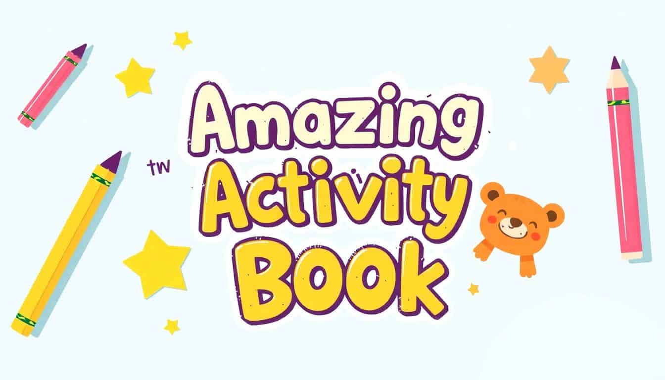 Colorful children's activity book cover featuring the title 'Amazing Activity Book' in large, fun letters, with a smiling cartoon dog and whimsical shapes, set against a bright, inviting background.