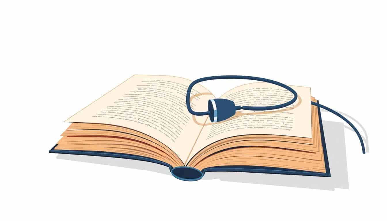 Open book with a stylized microphone resting on it, featuring soft colors and a clean background, representing podcasts and storytelling.