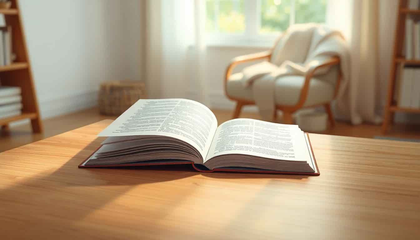 An open book on a wooden table with warm lighting, set in a minimalist reading nook with a blurred cozy chair and blanket in the background.