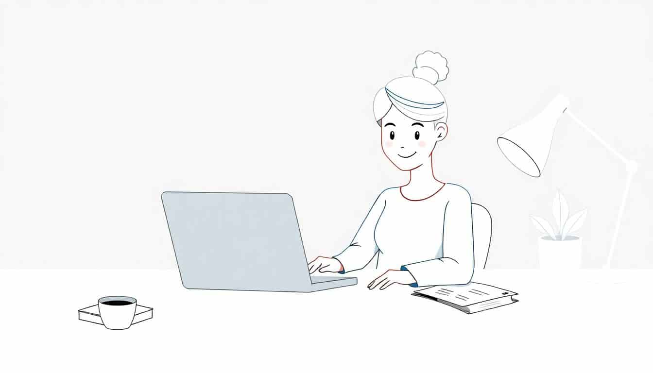 A minimalist illustration of a friendly editor at a clean desk with a laptop, notepad, and a cup of coffee, featuring soft colors and simple lines.