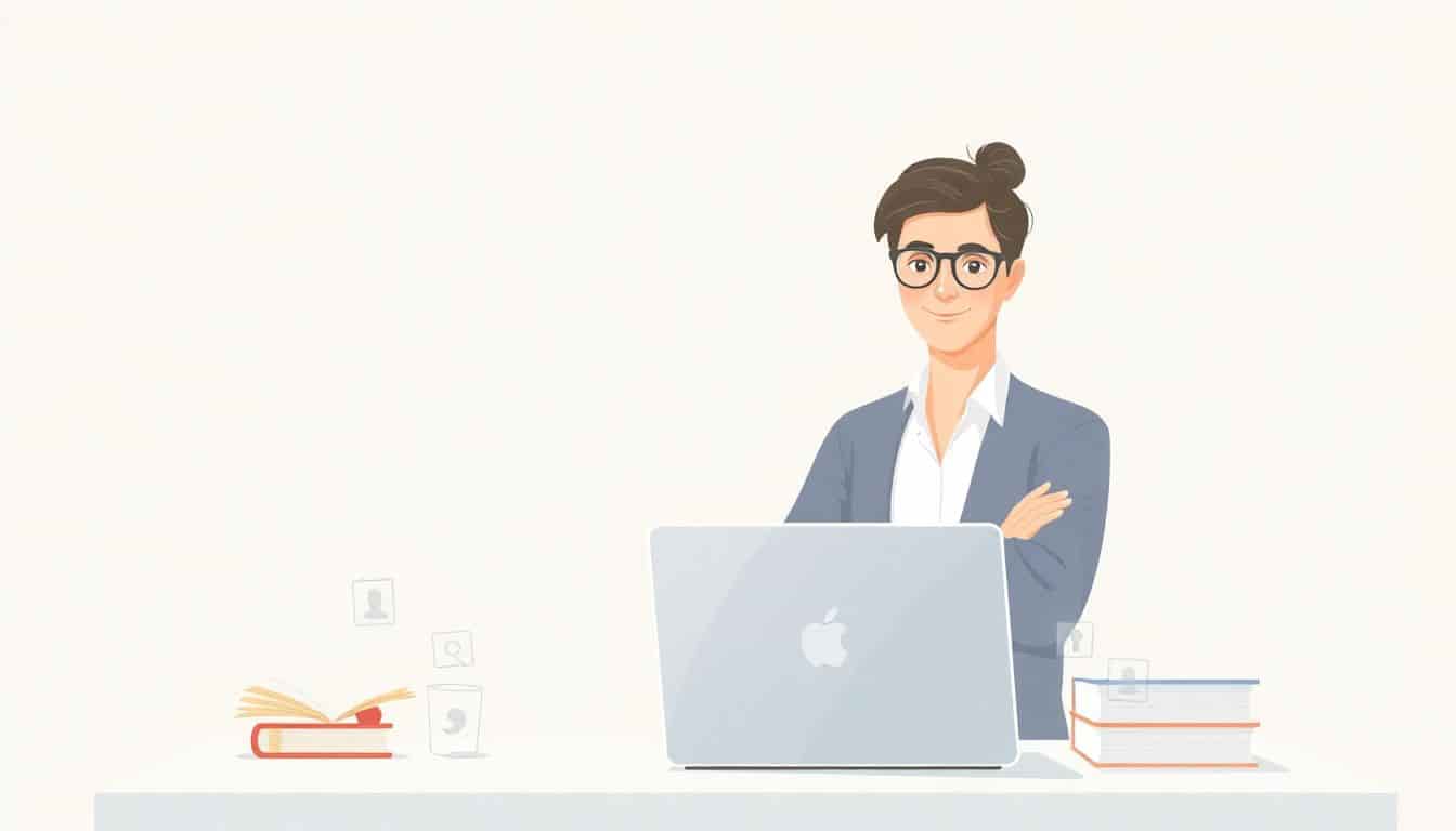 Minimalist illustration of a confident author at a clean desk with a laptop, surrounded by subtle book and online media icons, in soft colors with a calm background.