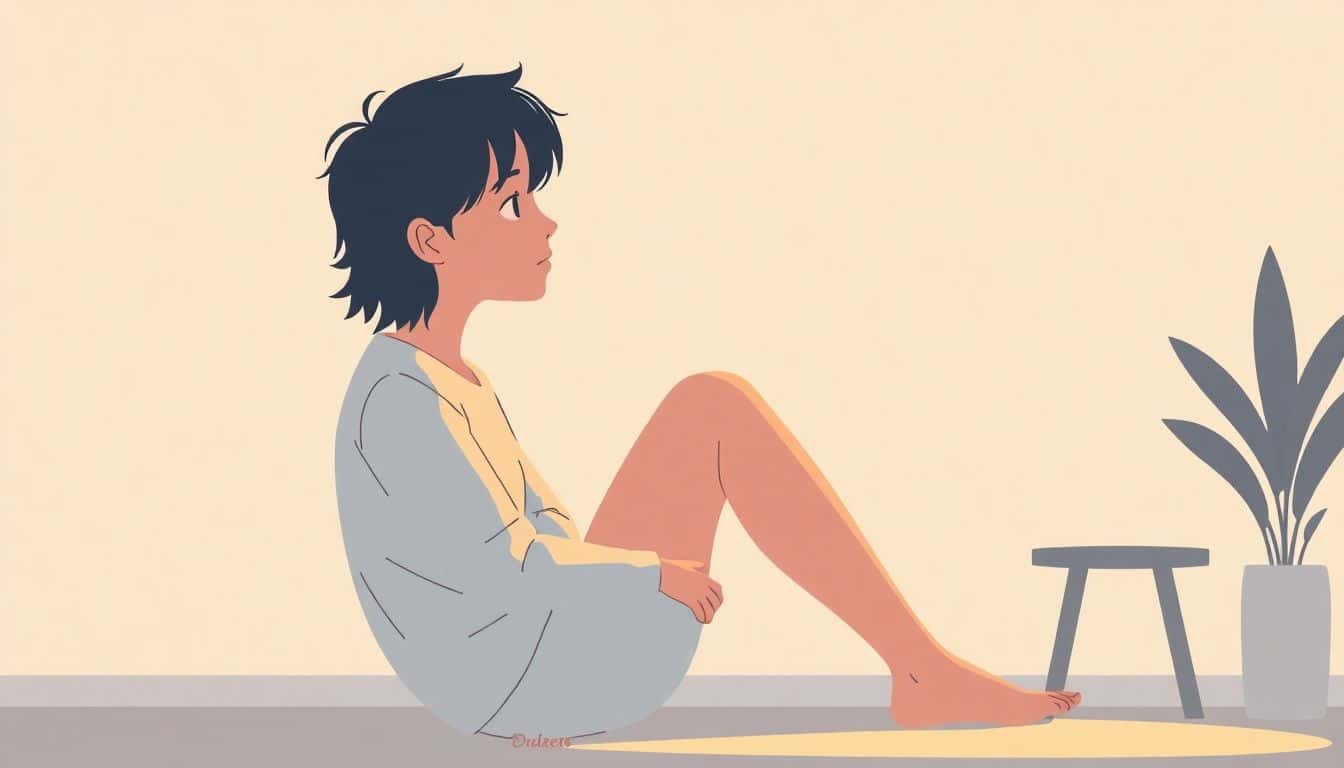 A minimalist illustration of a contemplative character sitting in a cozy, softly lit space, surrounded by gentle colors and simple shapes, evoking introspection and authenticity.