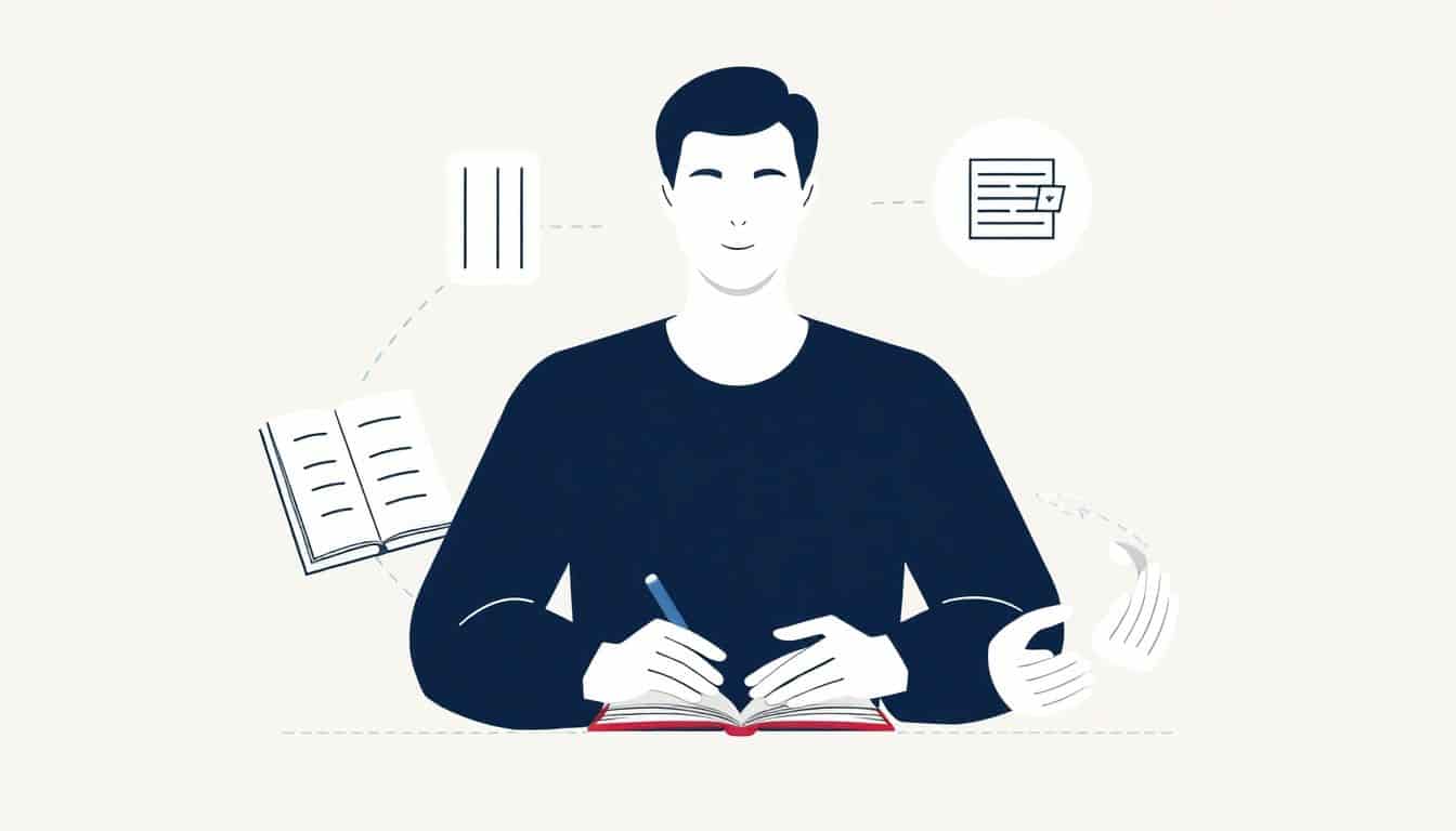 Minimalistic illustration of a writer surrounded by symbols of diverse income streams: a book, a digital course icon, and collaborative hands, all within a soft color palette and elegant lines.