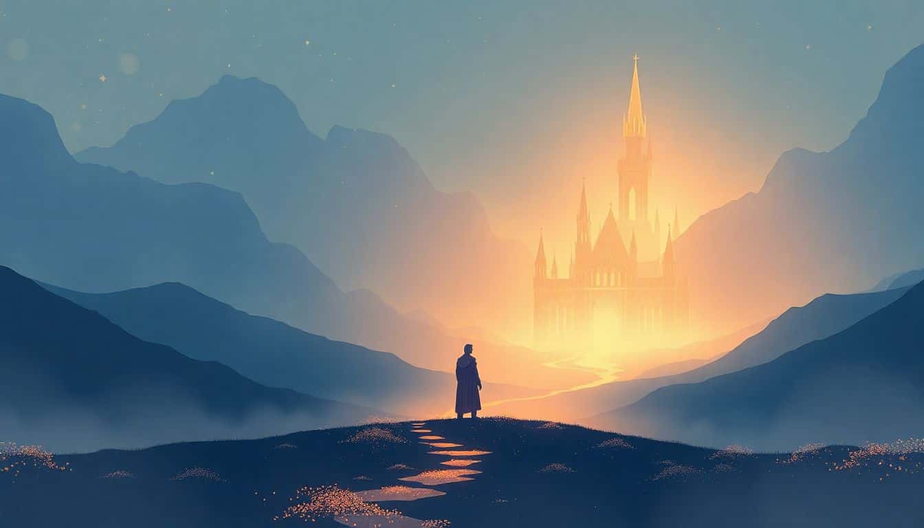 A heroic figure stands confidently in a mystical landscape with a glowing magical world, featuring a faint castle and enchanted forest in the background, all illuminated by soft, ethereal lighting.