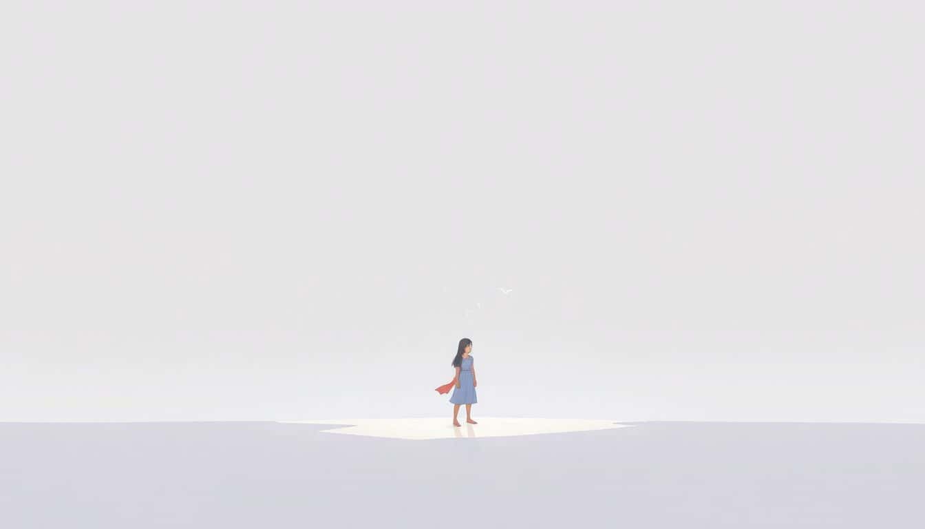 A captivating character stands alone in a minimalist fantasy landscape, surrounded by soft lighting and subtle textures, hinting at a magical environment.