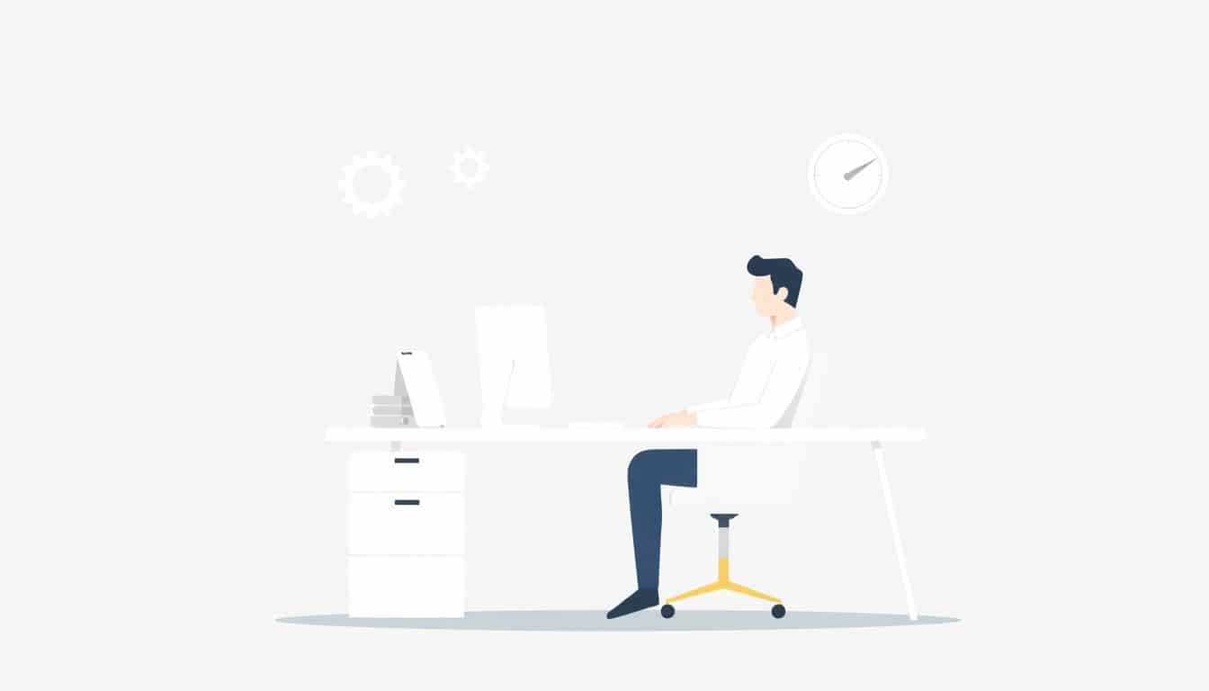 Minimalist illustration of a person seated at a sleek desk with a computer, surrounded by symbols of automation, speed, and accuracy, including gears, a clock, and checkmarks, all in soft colors.