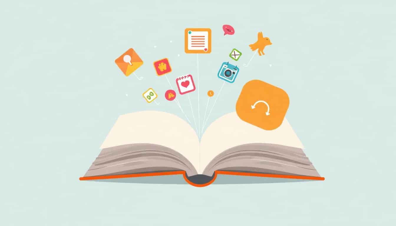 Illustration of an open book or digital device with colorful icons representing quizzes, visuals, and personalized elements emerging, set against a clean background in soft colors.