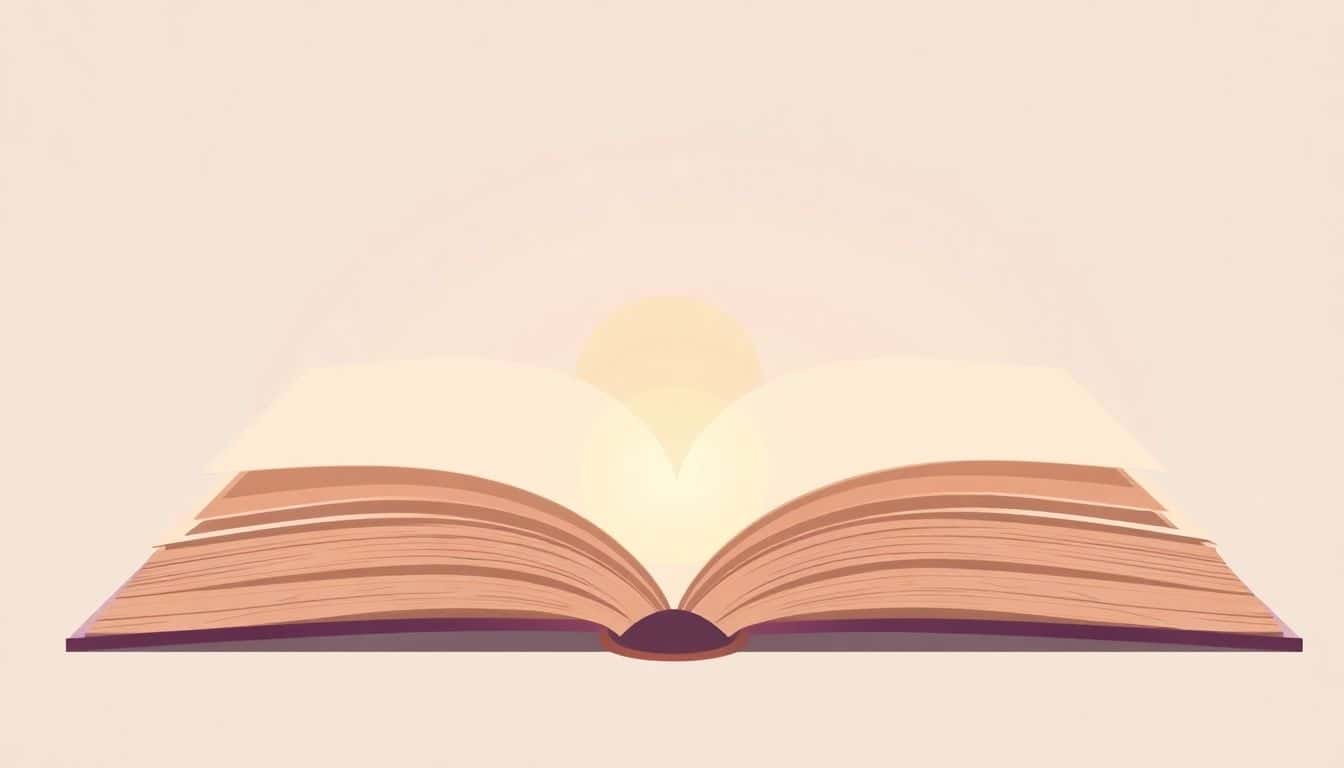 An open book with a gentle glow emanating from its pages, featuring minimalist design and soft colors.